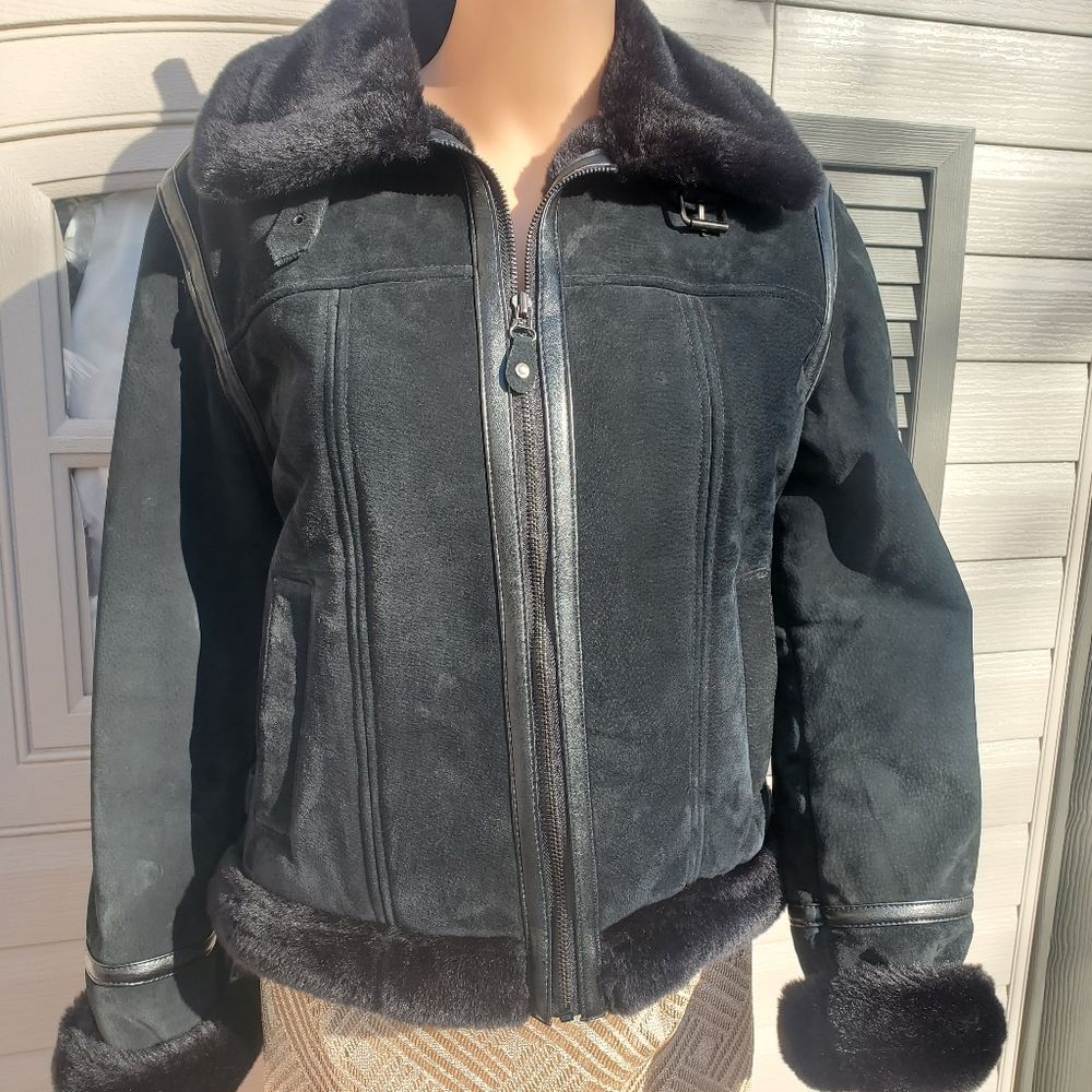 Marcia Collection VTG Woman's Black Suede & Faux Fur Coat M Preppy Quiet Luxury